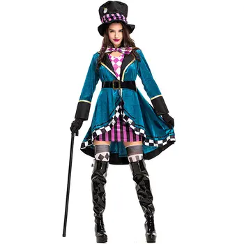 Alice Imedemaal Kloun Mad Hatter Kostüüm Täiskasvanud Naised Fantasias Seksikas Mustkunstnik Cosplay Halloweeni Karneval Maagiline Kleit