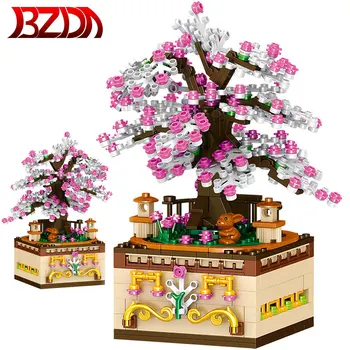 BZDA Linna Street View Cherry Blossom Tree Muusika Box Pöörleva Sakura Engineering Building Blocks Mänguasjad, Laste Sünnipäev Kingitused