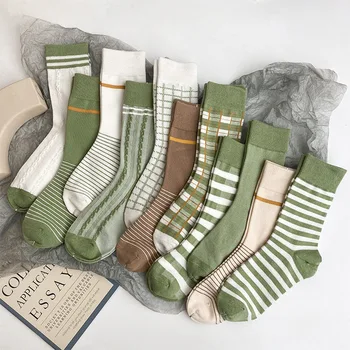 Kuum Avokaado Roheline Naiste Puuvillased Sokid Vintage Triibuga Võre Matcha Värv Hingav Armas Jaapani Tüdrukute Vabaaja Lühikesed Sokid