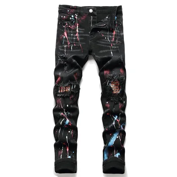 Meeste Crystal Stretch Denim Teksad Streetwear Värvitud Augud Ripitud Õnnetud Püksid Segast Slim Kokkutõmmatud Püksid