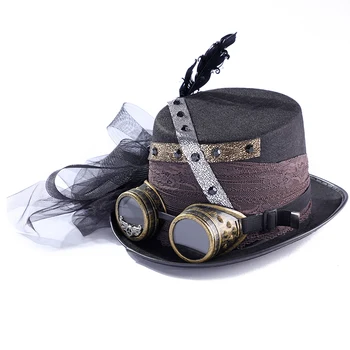 Mütsi Eemaldatava Kaitseprillid Steampunk Retro Naiste Müts Must Sulg Täiskasvanud Cosplay Halloween Fedoras Bowknot