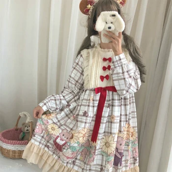 Sügisel Jaapani Lolita Pehme Girl Lolita Kawaii Päevalille Karu Prindi Vibu OP Talumaja Stiilis Pikkade varrukatega Kleit Naistele Tüdruk