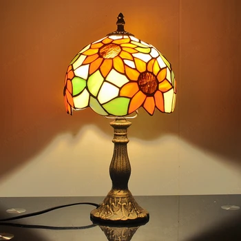 Tiffany Lamp, Päevalille Käsitsi valmistatud Vitraaži Varju Messing Viimistlusega Metallist Lamp Base TableLamp Laste Tuba Toaline Soe Värv
