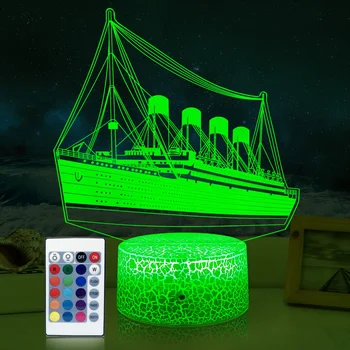 Titanic Öö Valguses Kids 3D Illusioon Laeva Mudel Lamp 16 Värvi Muutmine Kids Room Öö Decor Light as Sünnipäeva Kingitused